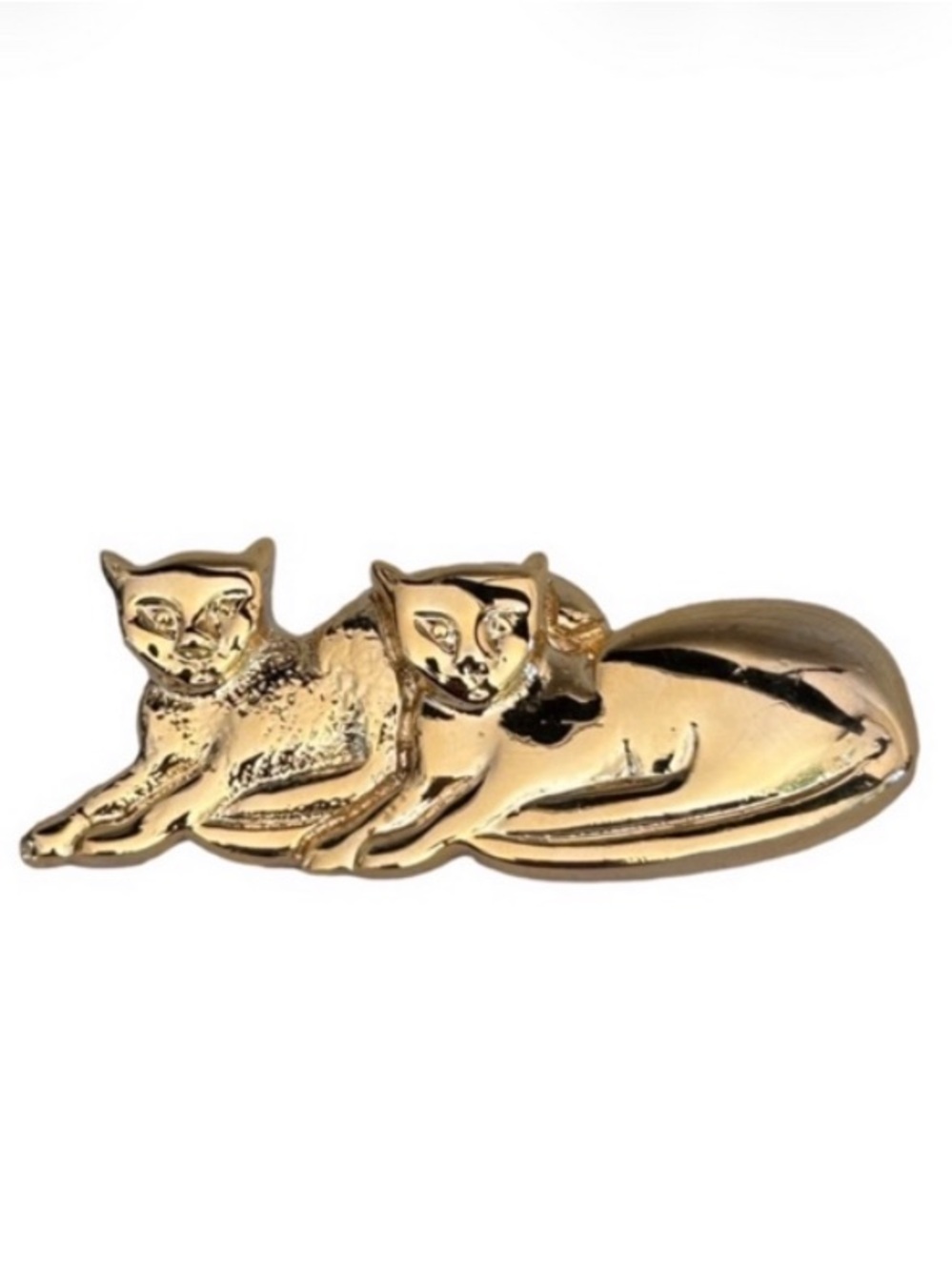 Pair Siamese Cat Brooch Shiny and Brushed Gold Tone 2” Pin